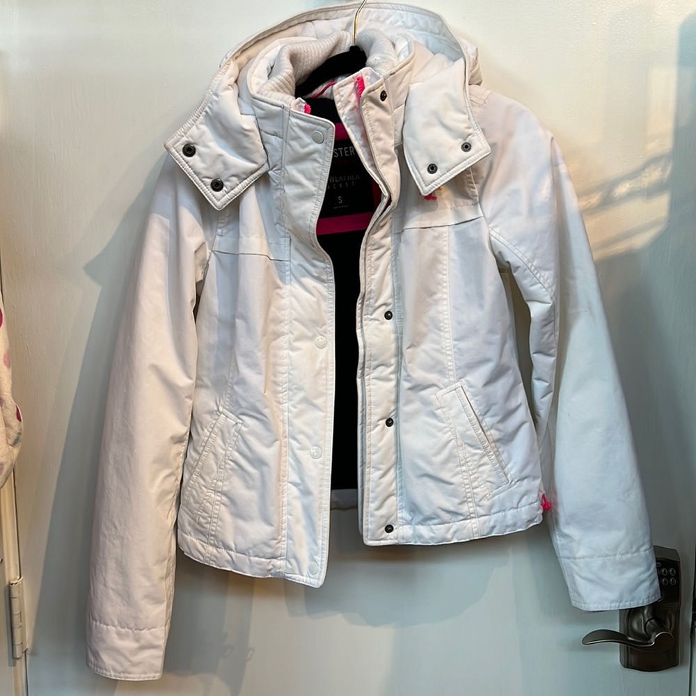 White Hollister jacket w/hot pink details